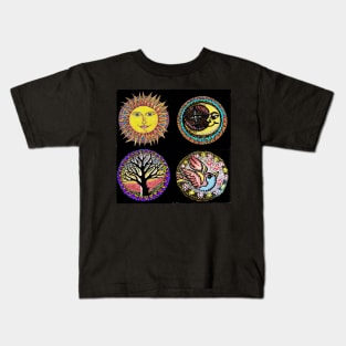 4 Tattoo Symbols Sun,Moon,Tree and Bluebird Kids T-Shirt